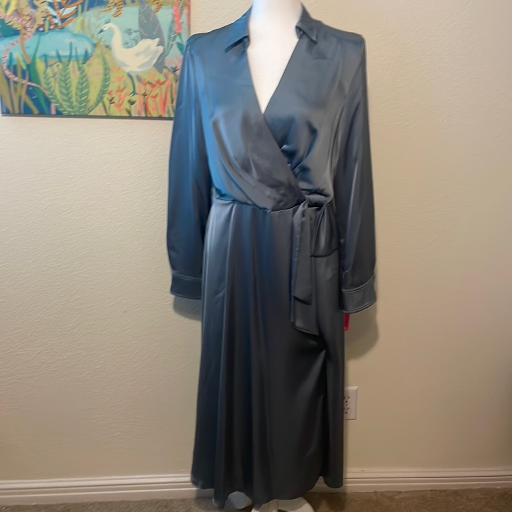 NWT Dusty Teal Satin Wrap Dress Ralph Lauren